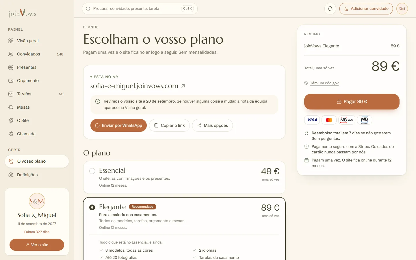O endereço do site e os botões para partilhar