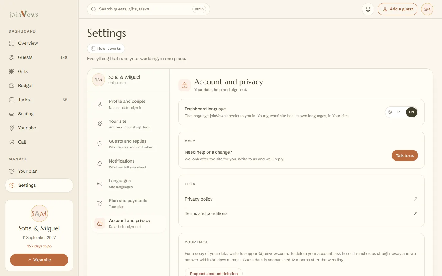 Account and privacy, with the deletion request