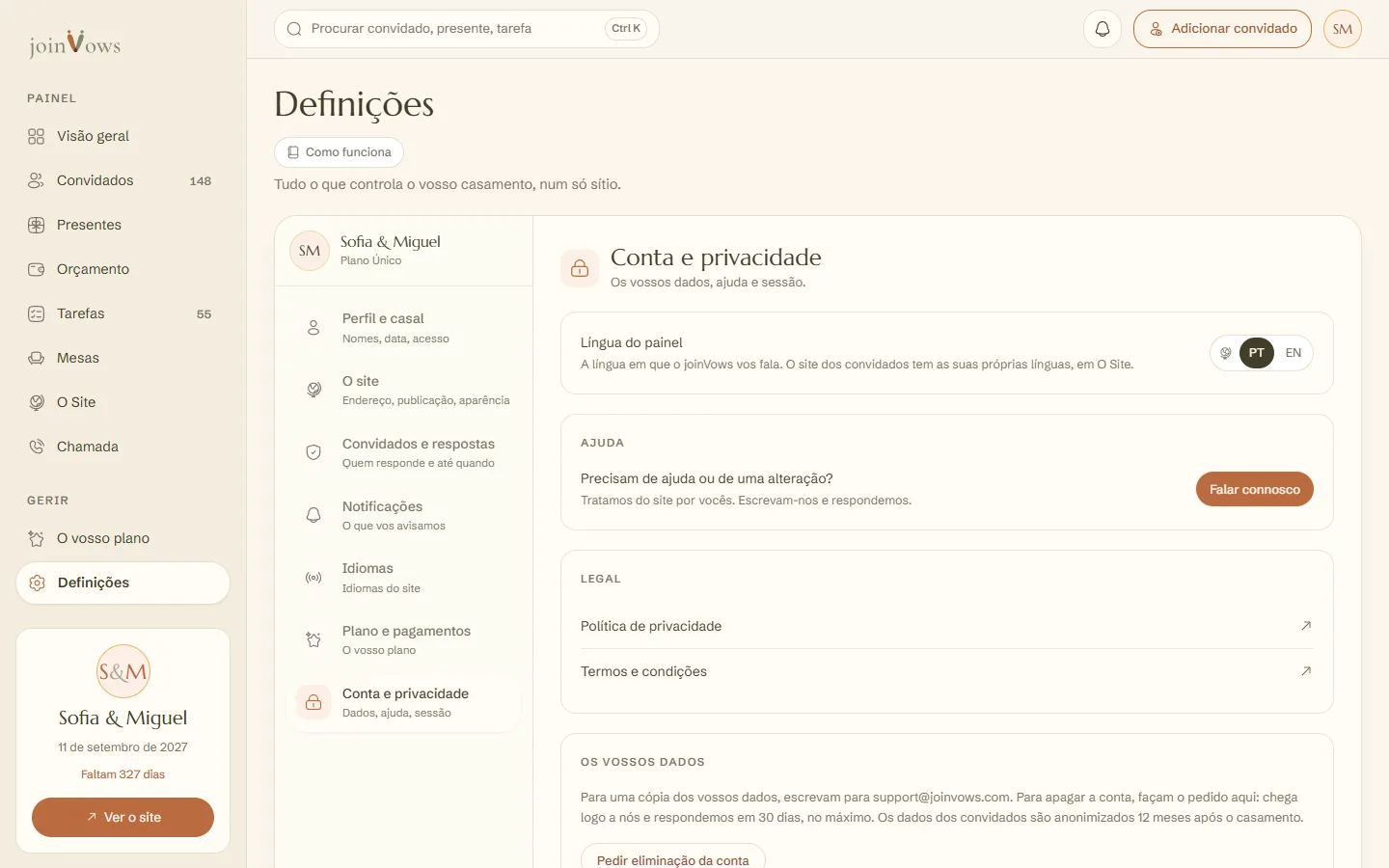 Conta e privacidade, com o pedido de eliminação