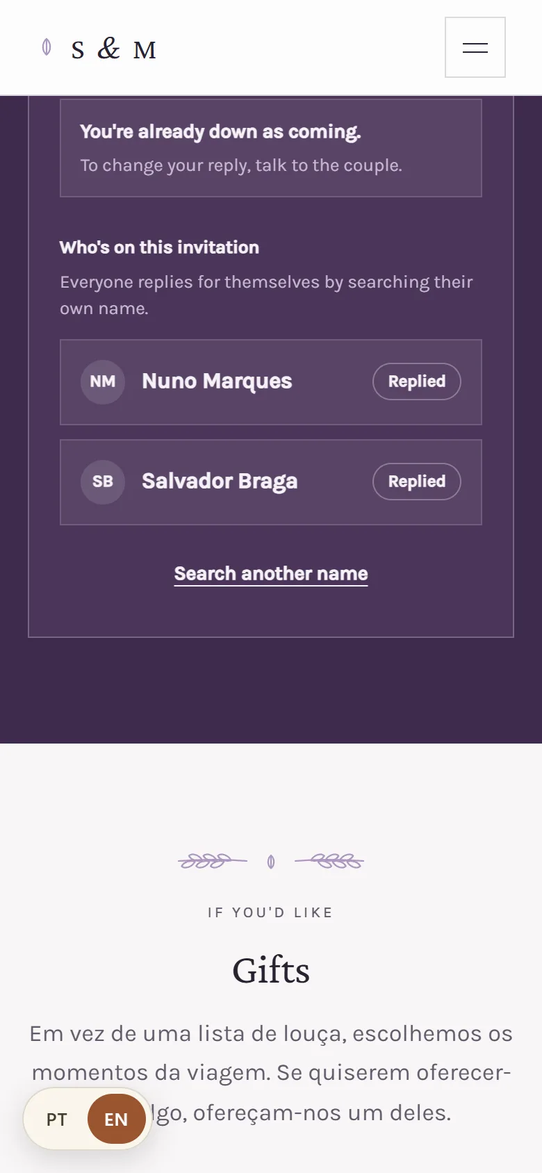 The couple's site showing a reply that's already saved