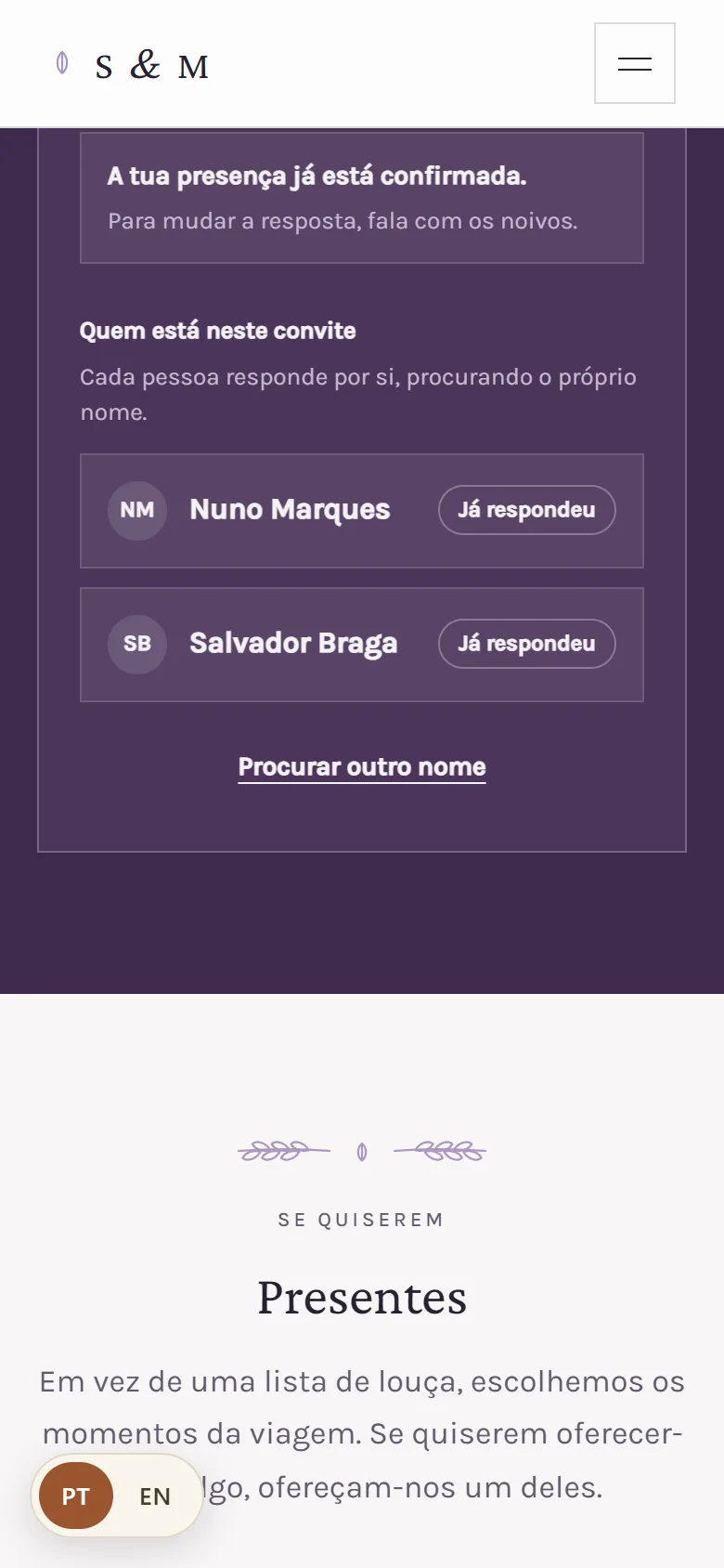 O site dos noivos a mostrar uma resposta já registada