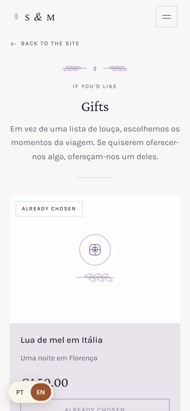 The gift list on the couple's site, on a phone