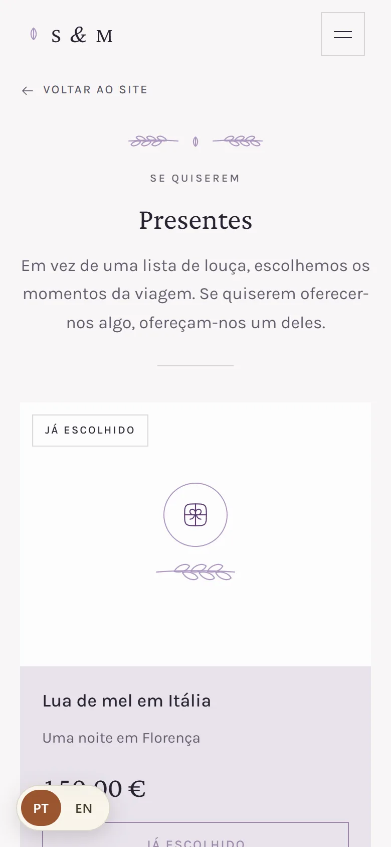 A lista de presentes no site dos noivos, num telemóvel