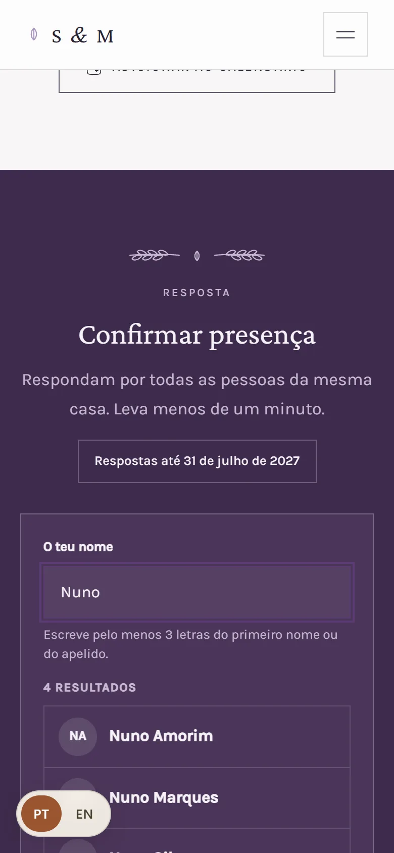 Procurar o nome no site dos noivos