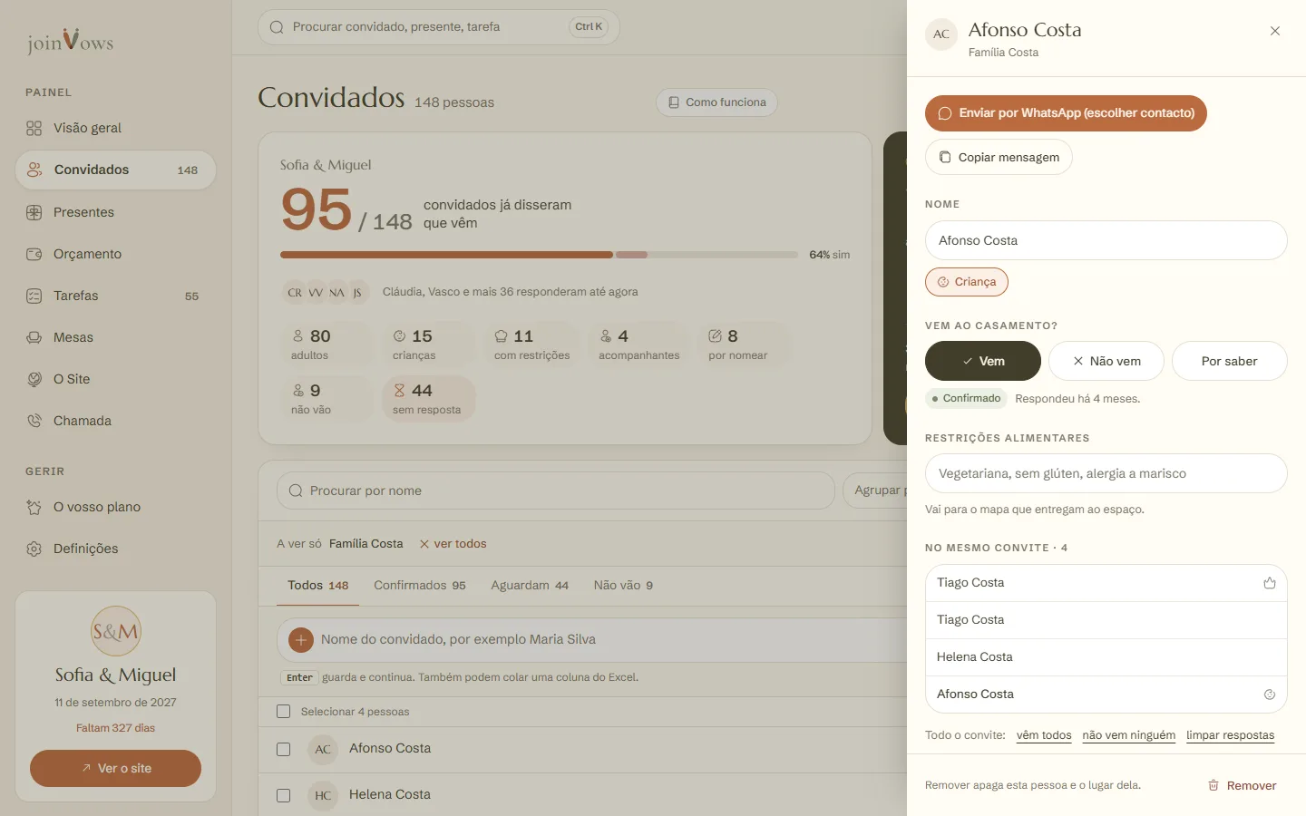 A ficha de uma pessoa, com as outras pessoas do mesmo convite