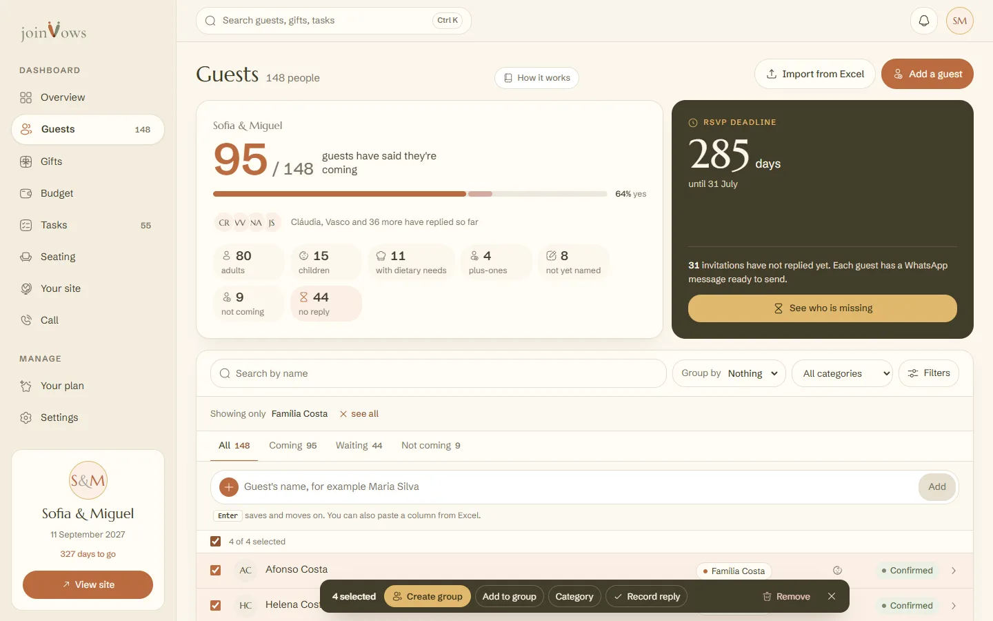 People ticked and the bar with Create group