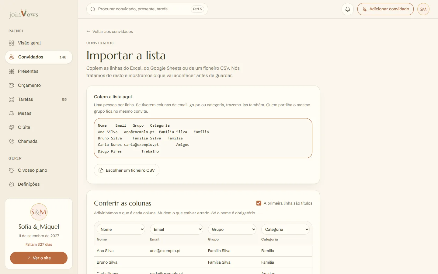 A lista colada, com as colunas reconhecidas e o resumo do que vai acontecer
