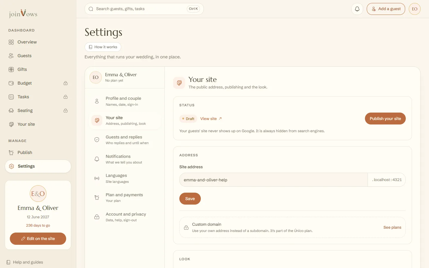 The site address, in Settings