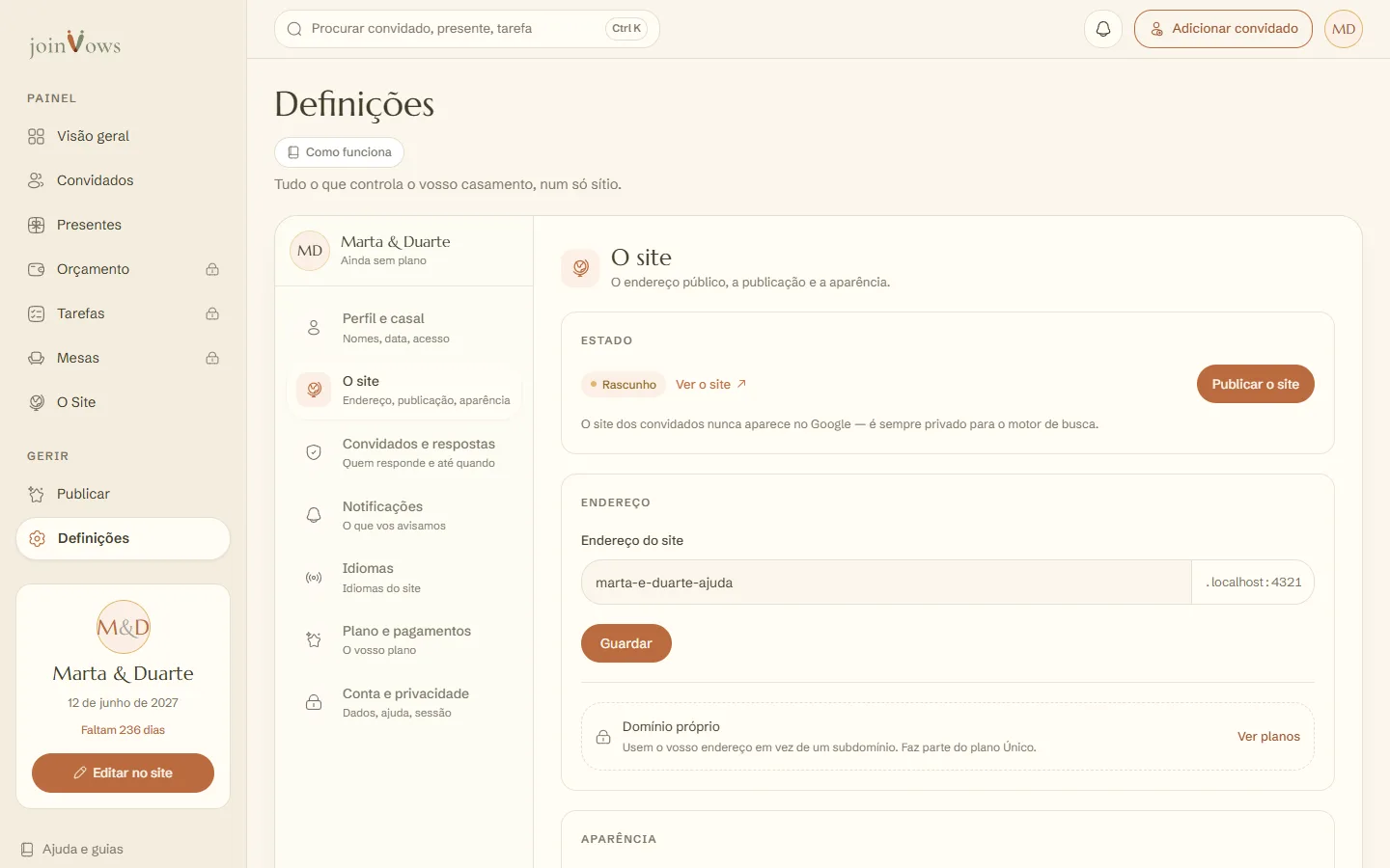 O endereço do site, em Definições