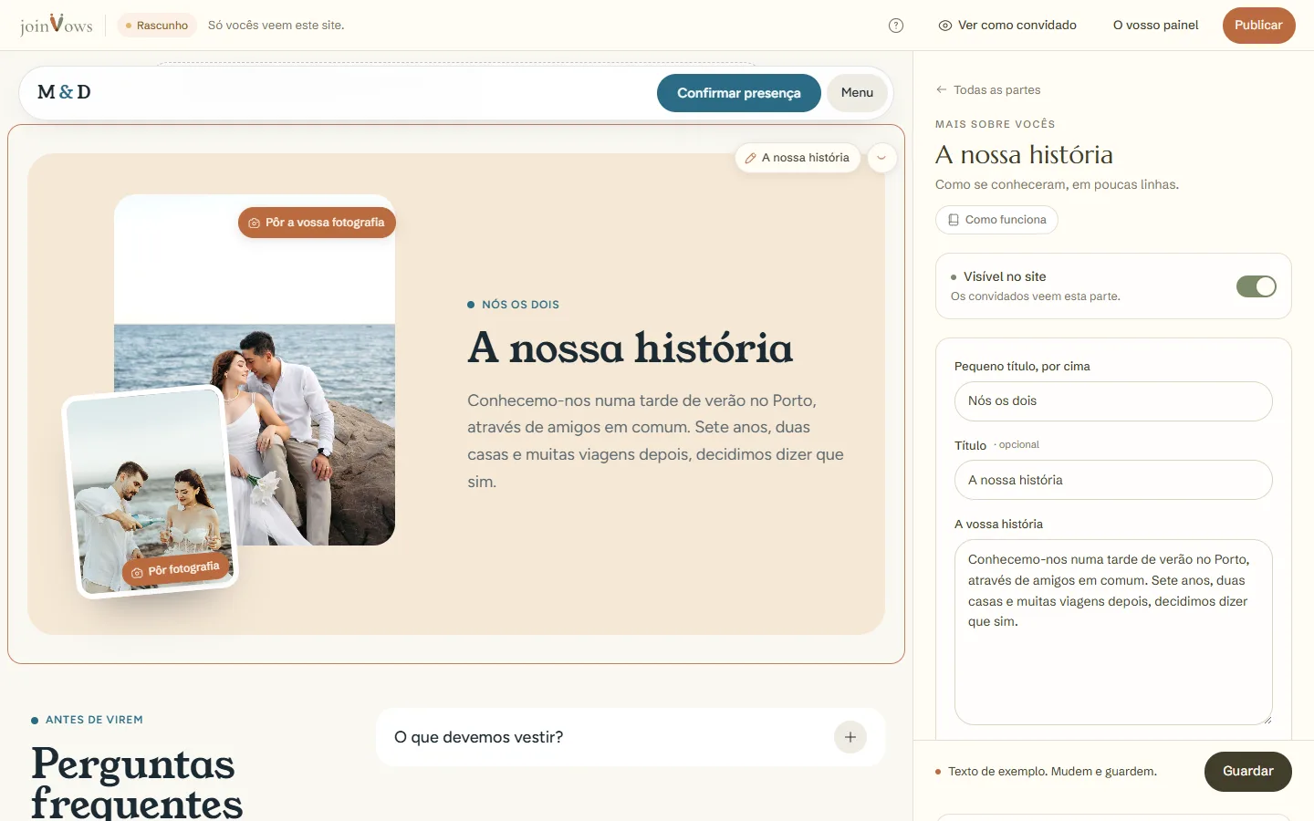 O botão Mostrar no site, no topo do painel de uma parte