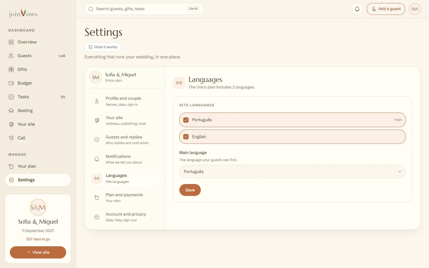 The site languages, in Settings