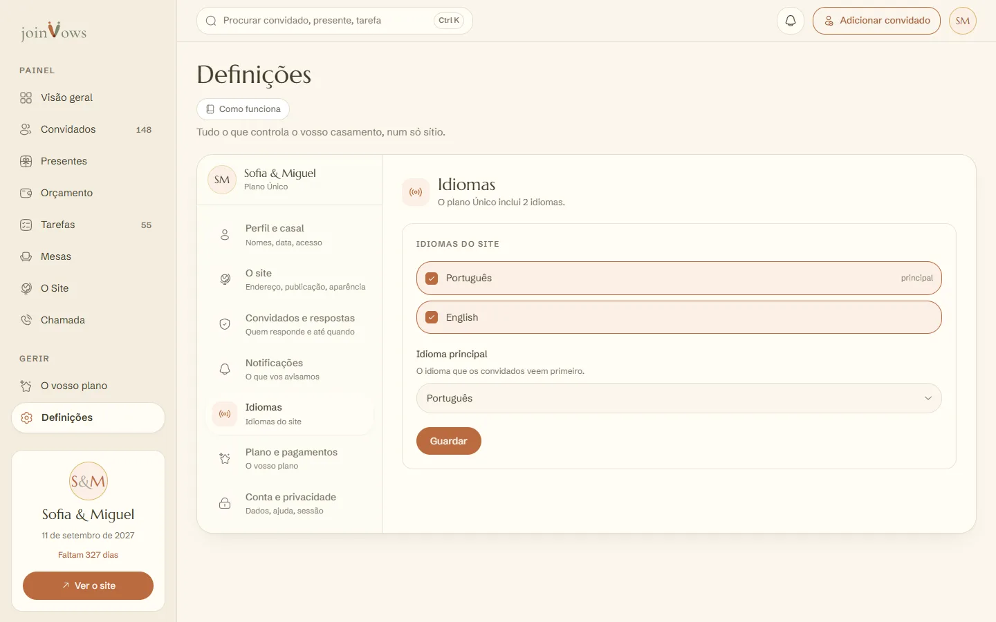 Os idiomas do site, em Definições