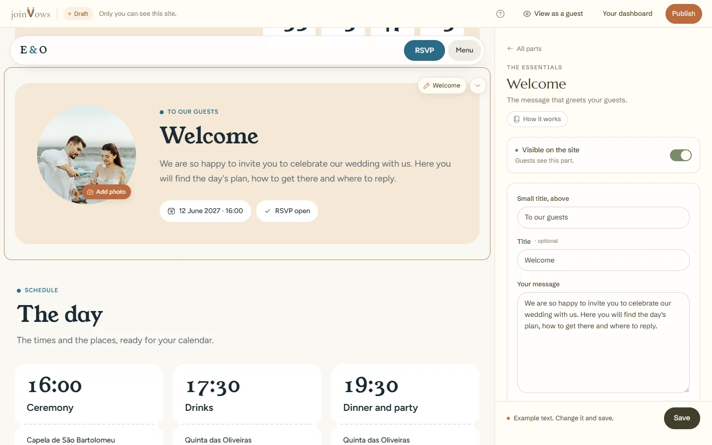The welcome text open in the panel, beside the site