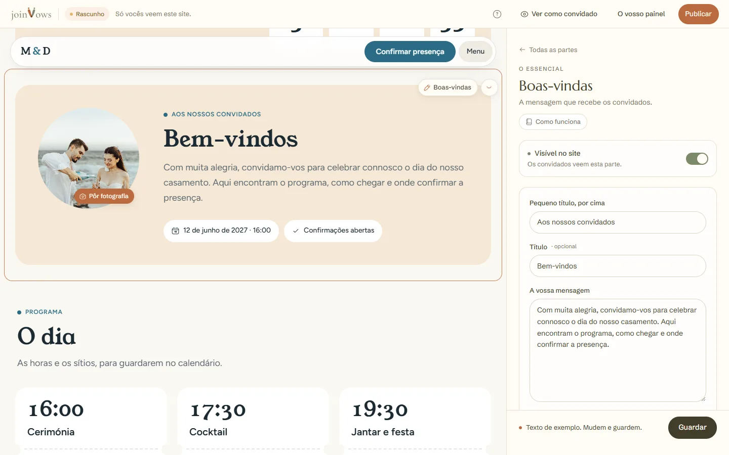 O texto de boas-vindas aberto no painel, ao lado do site