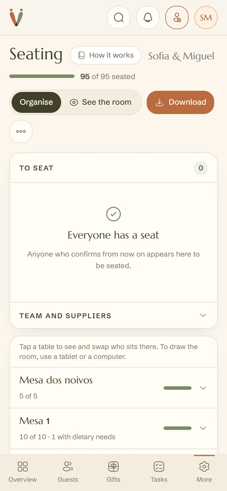 Seating on a phone, with the list of people to seat
