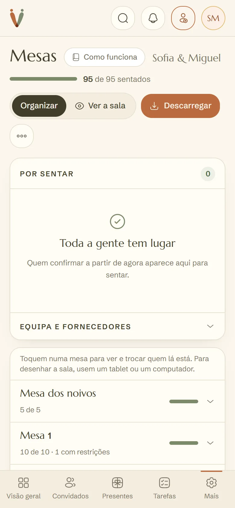 As mesas no telemóvel, com a lista de quem falta sentar