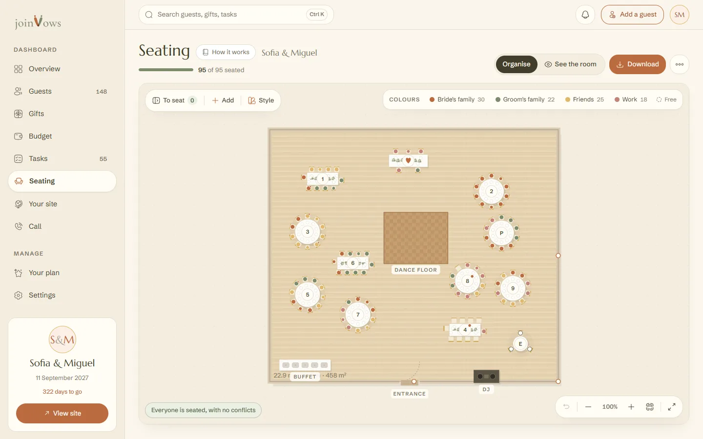 The seating plan on joinVows