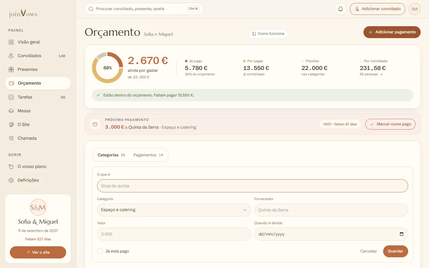 O formulário para adicionar um pagamento