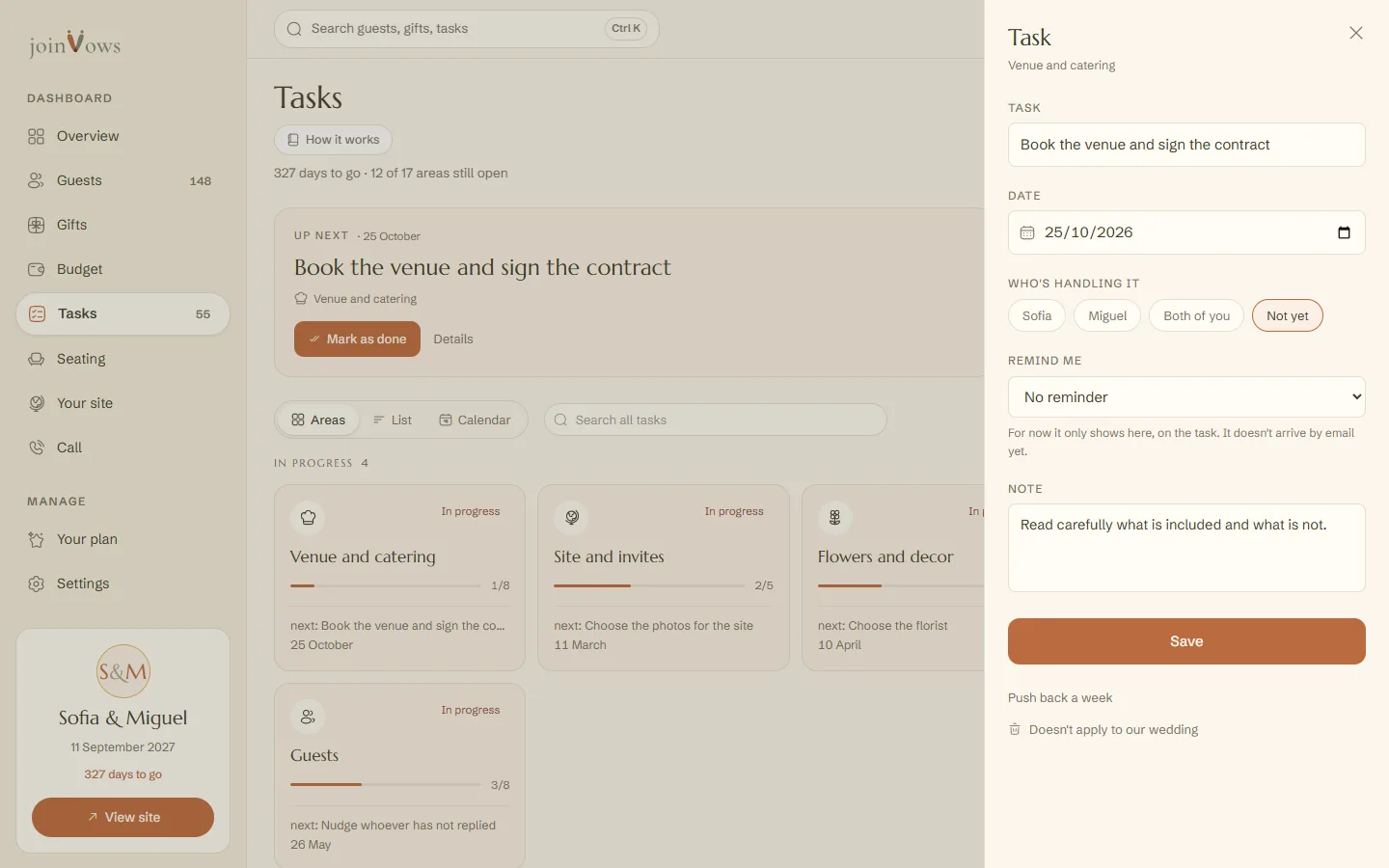 A task's details, with date, who's handling it and a note