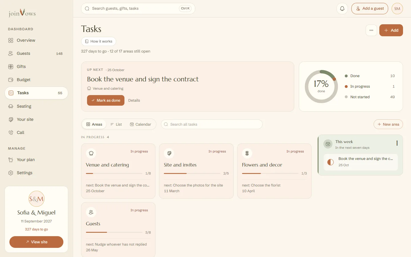 The Tasks screen with the Up next card and the areas
