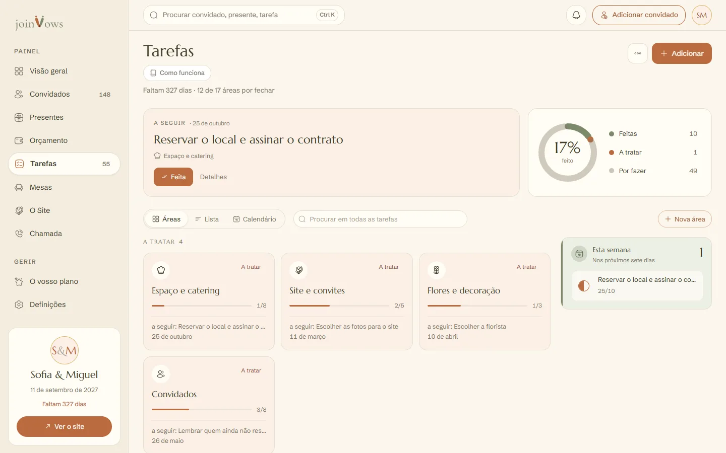 O ecrã de Tarefas com o cartão A seguir e as áreas