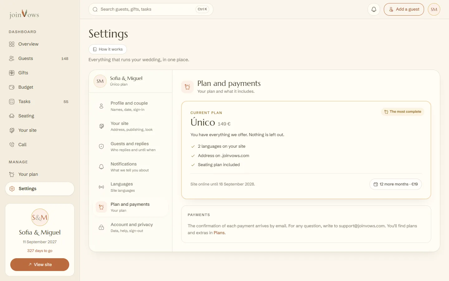 The plan in Settings, with the date the site stays online until