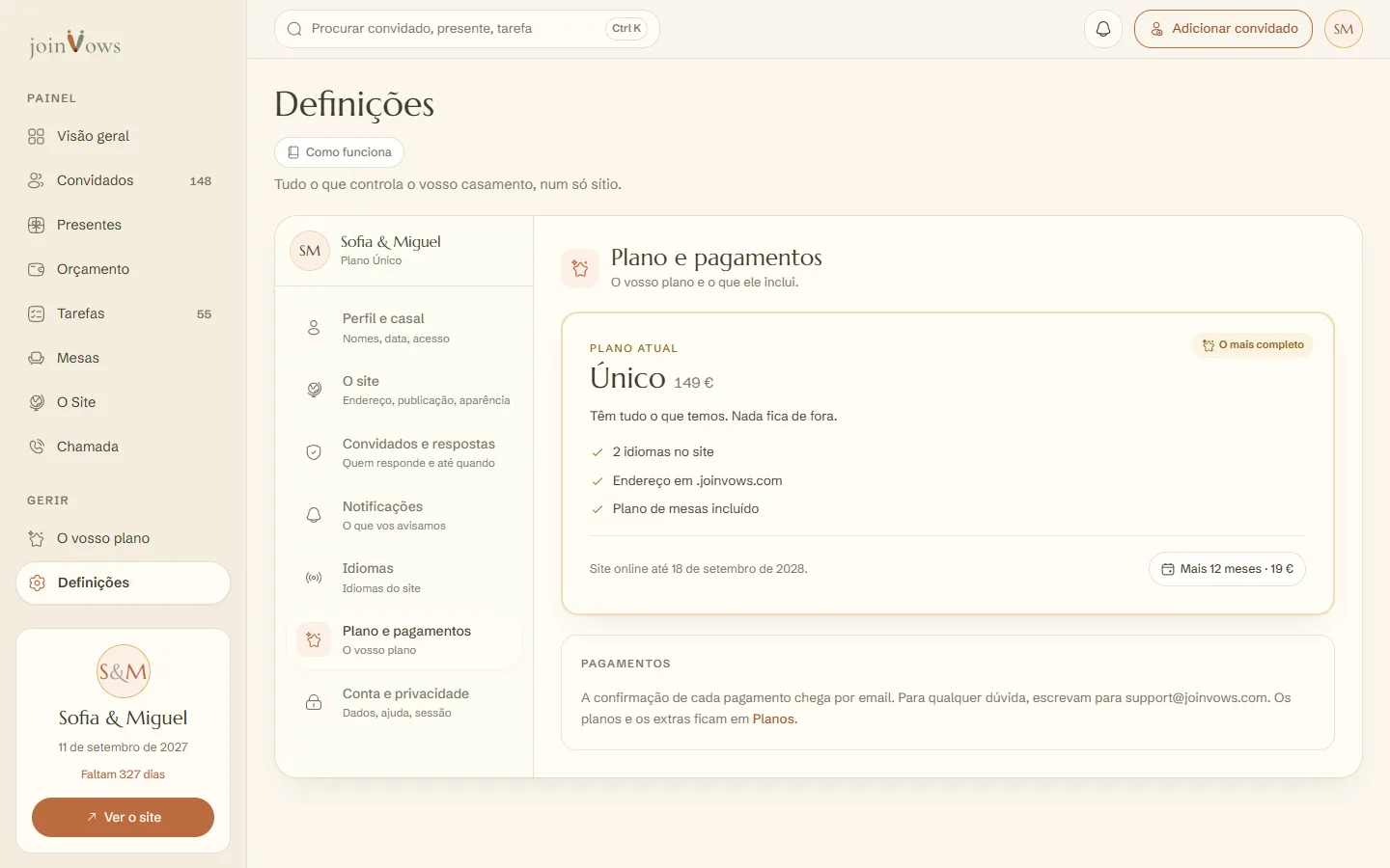 O plano em Definições, com a data até quando o site fica online