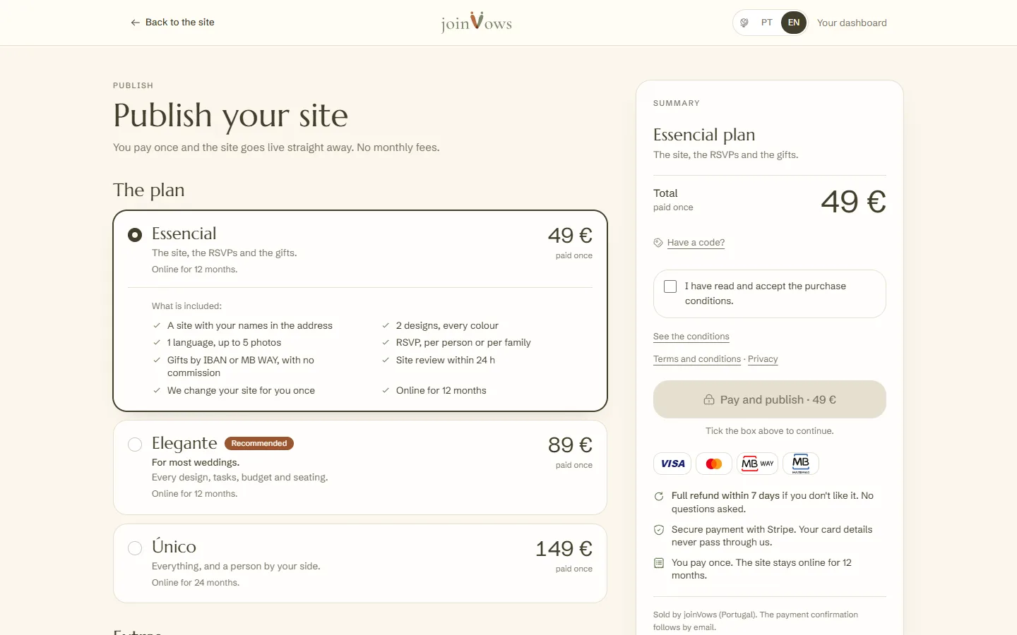 The three plans, with Essencial open