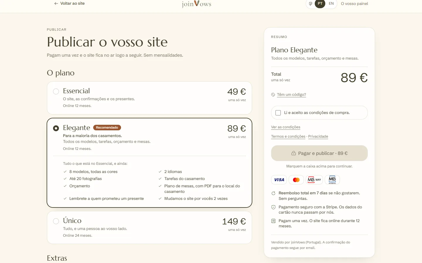 Os dois extras na página dos planos