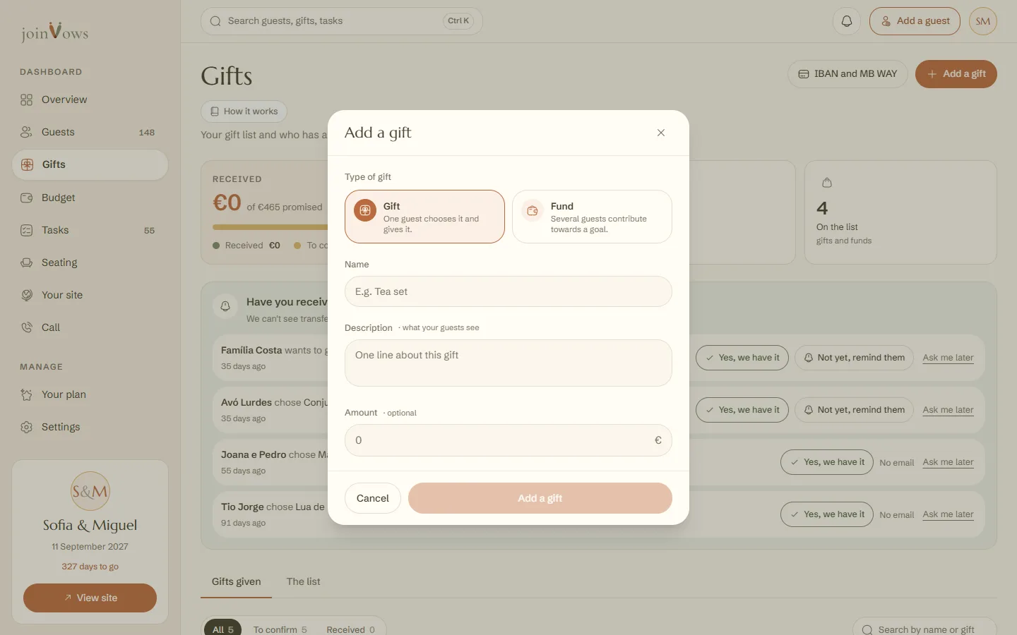 The window to add a gift, with the type, name, description and amount