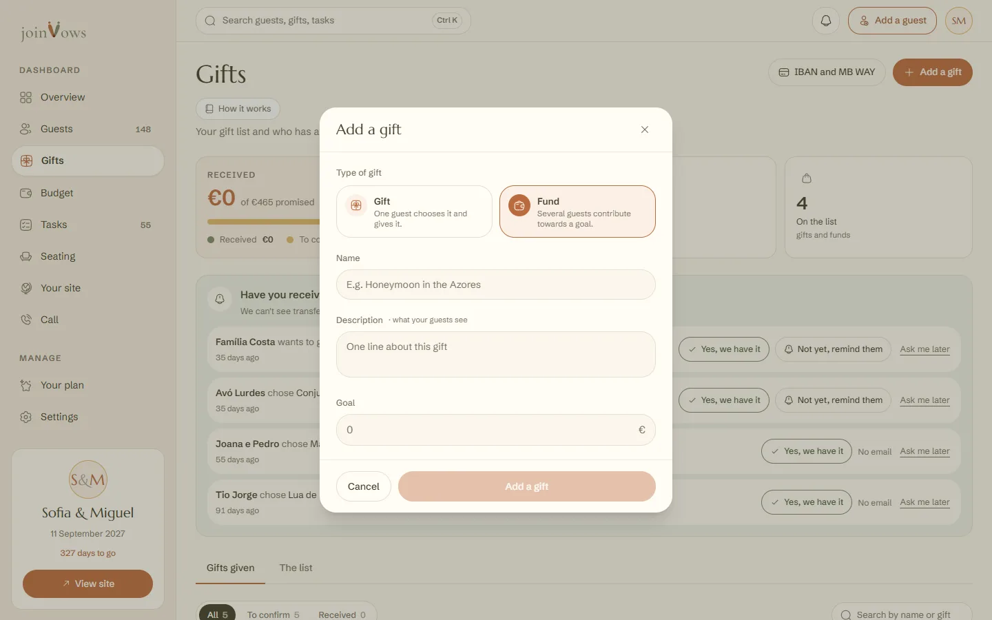 The new gift window with the Fund type chosen