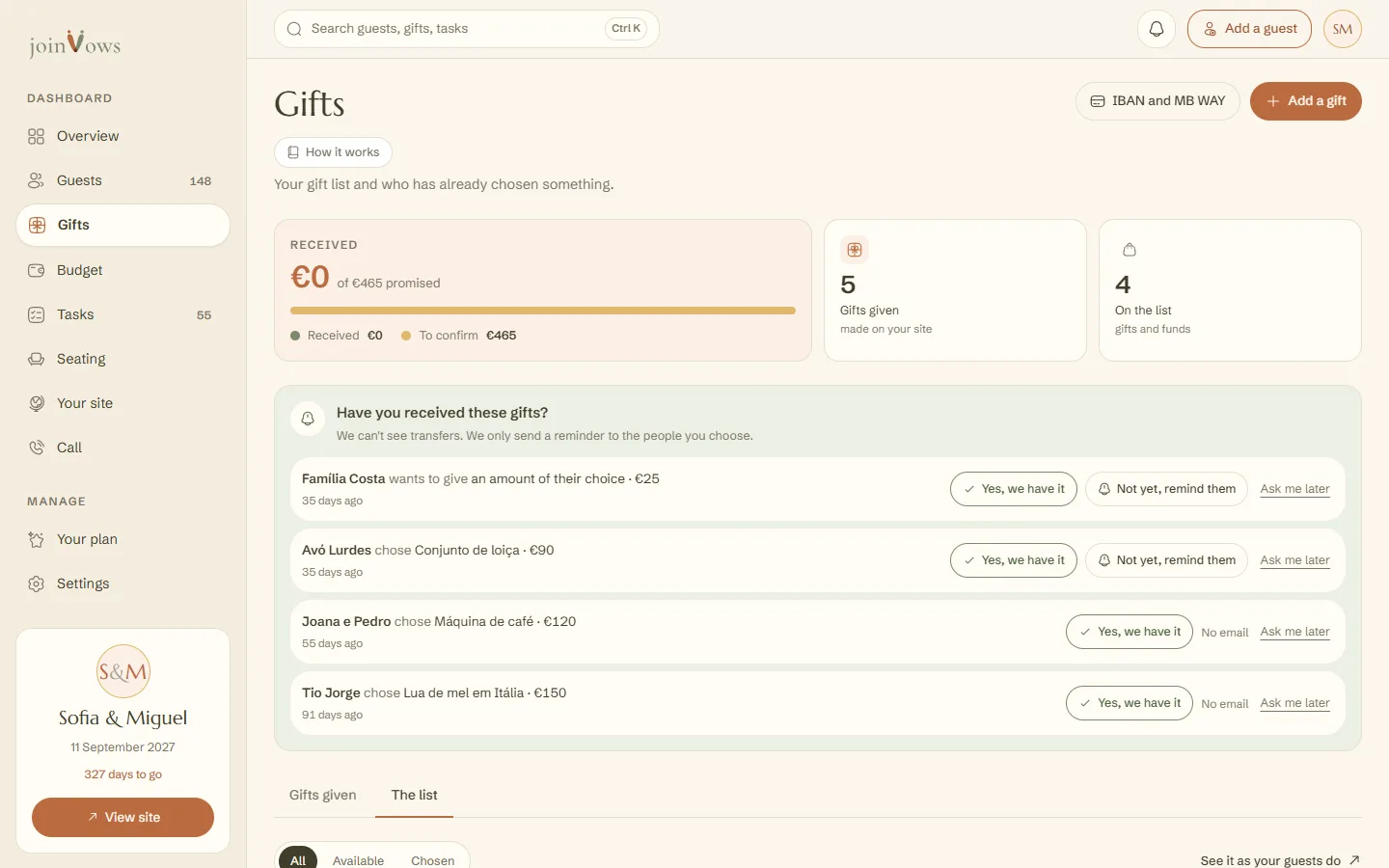 The list tab, with payment details, the two options and the gifts