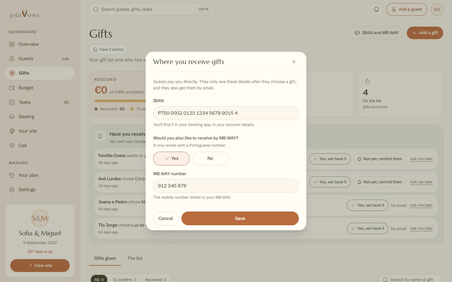 The Where you receive gifts window, with the IBAN and the MB WAY question