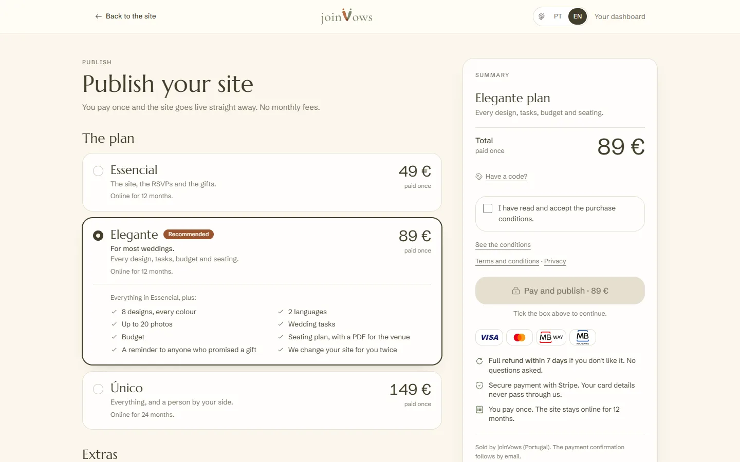 The publish page with the plans