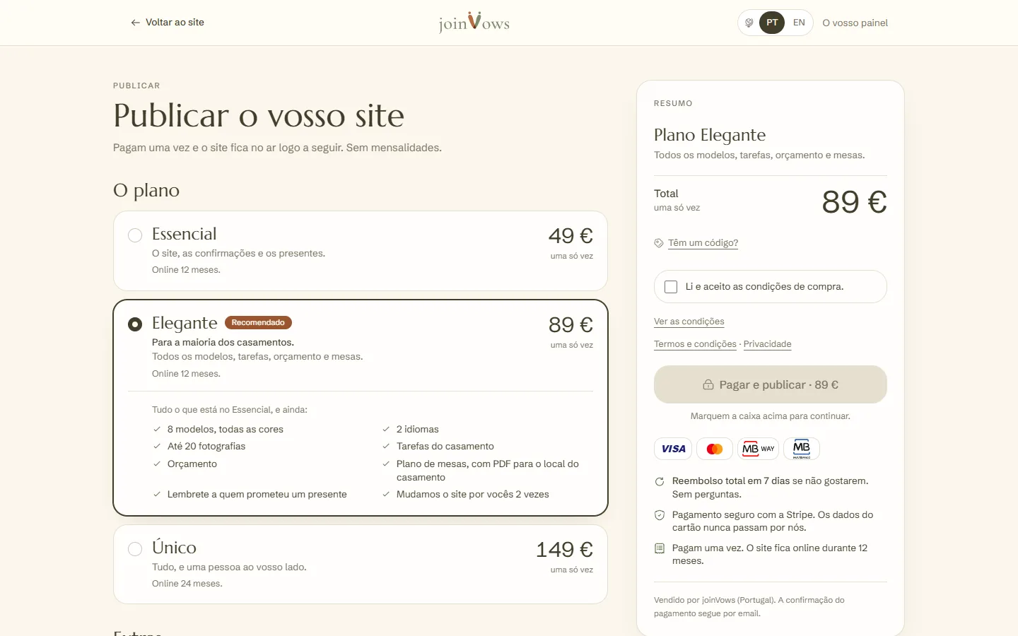 A página de publicar com os planos