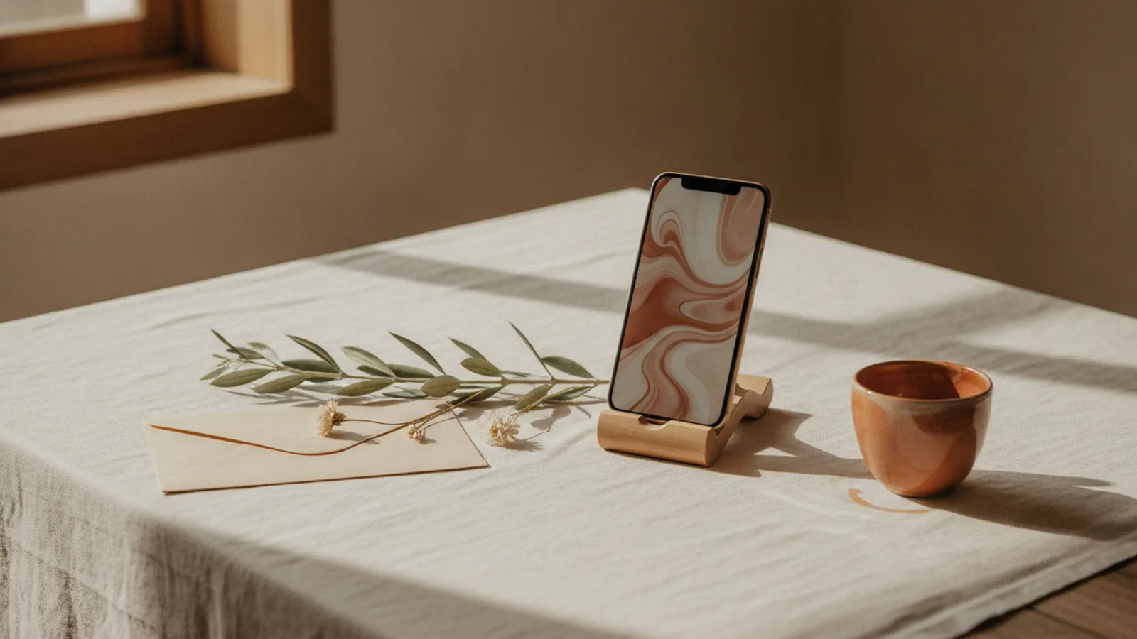 Convite de casamento digital: telemóvel num pequeno suporte de madeira, com um padrão abstrato em ondas creme e terracota no ecrã, ao lado de um envelope creme, um raminho de oliveira com flores secas e um copo de barro terracota, sobre uma toalha de linho