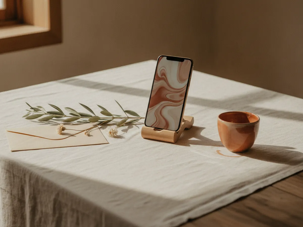 Convite de casamento digital: telemóvel num pequeno suporte de madeira, com um padrão abstrato em ondas creme e terracota no ecrã, ao lado de um envelope creme, um raminho de oliveira com flores secas e um copo de barro terracota, sobre uma toalha de linho