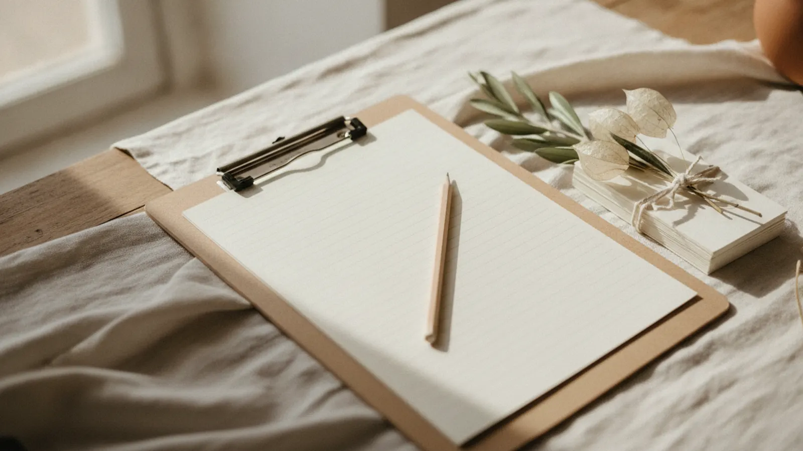 Lista de convidados do casamento: prancheta de madeira com uma folha pautada em branco e um lápis, ao lado de cartões em branco atados com cordel e um raminho de oliveira, sobre um pano de linho numa mesa de madeira