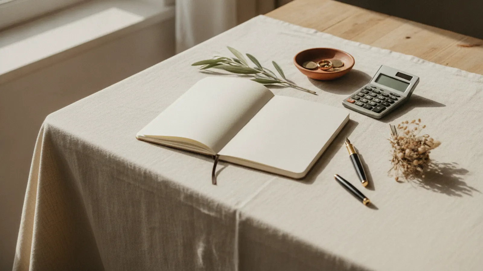 Orçamento do casamento: caderno aberto, calculadora, alianças e moedas numa taça de barro, sobre uma toalha de linho com um ramo de oliveira
