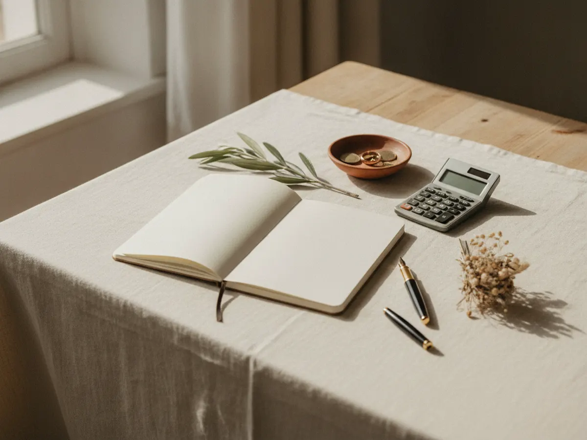 Orçamento do casamento: caderno aberto, calculadora, alianças e moedas numa taça de barro, sobre uma toalha de linho com um ramo de oliveira