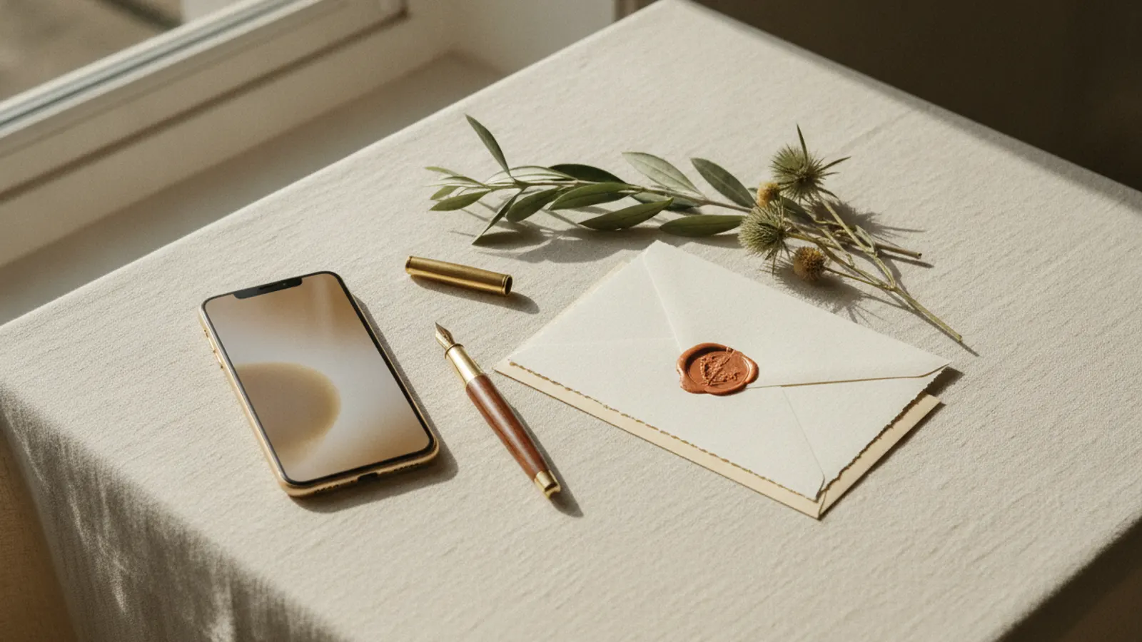 Resposta ao RSVP do casamento: cartão de resposta e envelope com selo de lacre cor de terracota, ao lado de um telemóvel e de uma caneta de tinta permanente