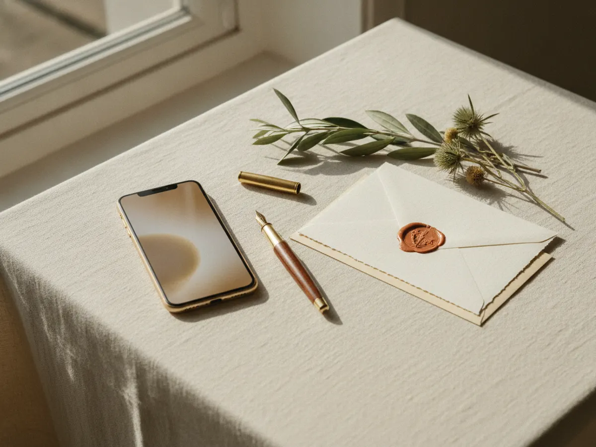 Resposta ao RSVP do casamento: cartão de resposta e envelope com selo de lacre cor de terracota, ao lado de um telemóvel e de uma caneta de tinta permanente